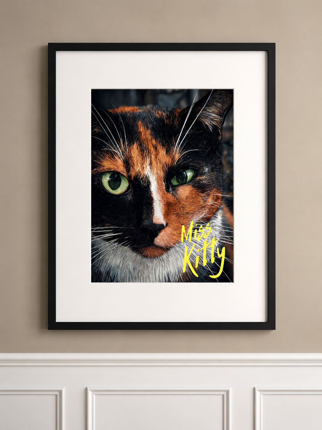 Framed colored-pencil wall art of Miss Kitty with vivid green eyes and 'Miss Kitty' lettering