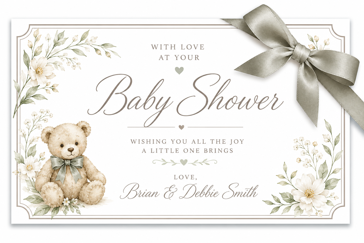 Cream and sage baby shower gift tag with teddy bear, florals, silver bow, and calligraphy reading 'With love at your Baby Shower' from Brian and Debbie Smith