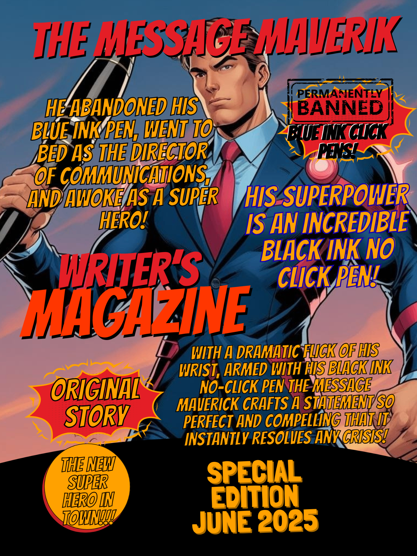 "The Message Maverik" custom superhero comic poster celebrating a Director of Communications
