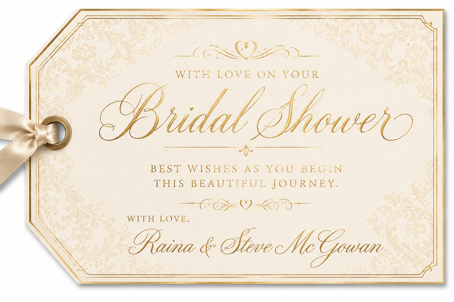 Cream and gold bridal shower gift tag with calligraphy reading 'With love on your Bridal Shower' from Raina and Steve McGowan