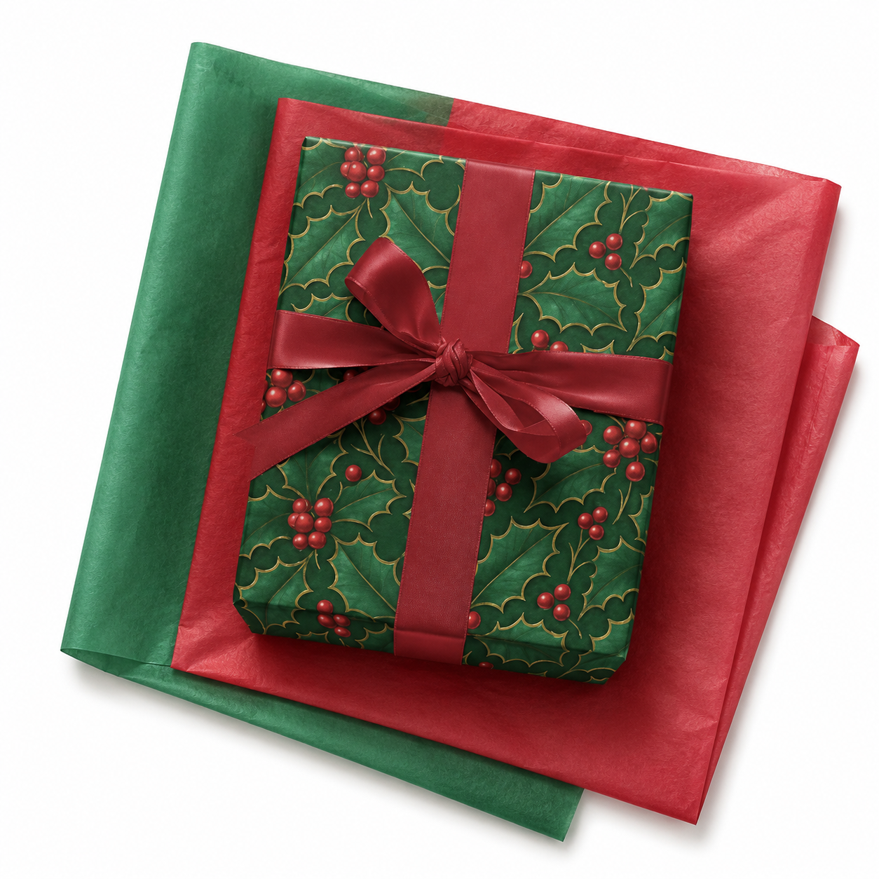 Emerald holly and red berries wrapping paper with red satin bow over red and green tissue
