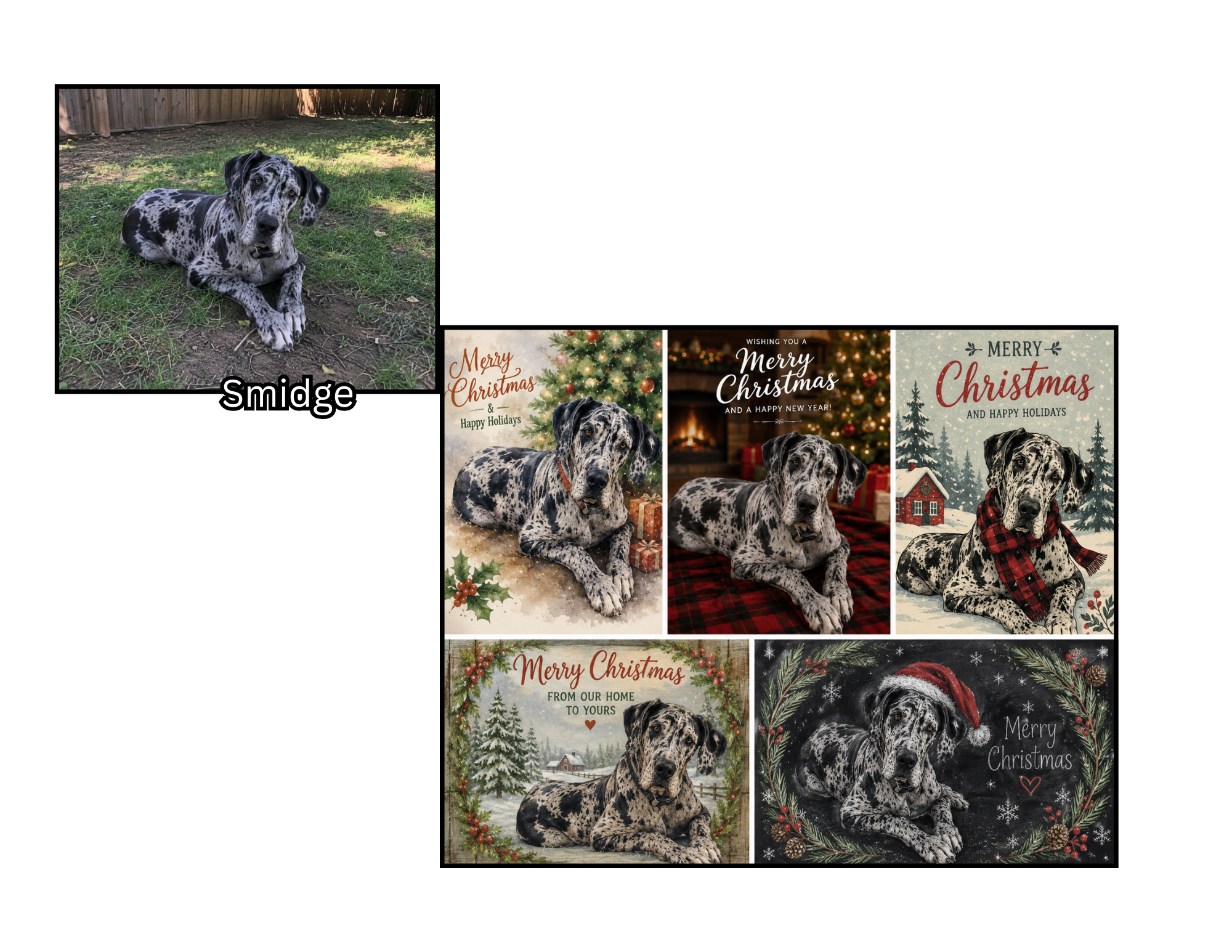 Smidge the Great Dane — custom holiday card designs