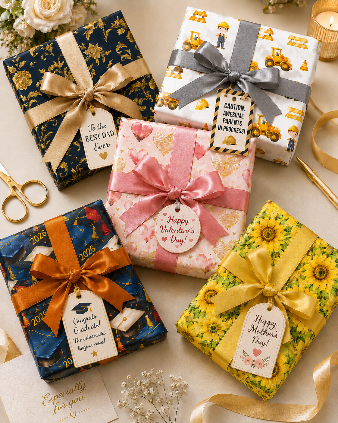 Assortment of luxury wrapped gifts with satin bows in floral, sunflower, hearts, construction, and graduation prints