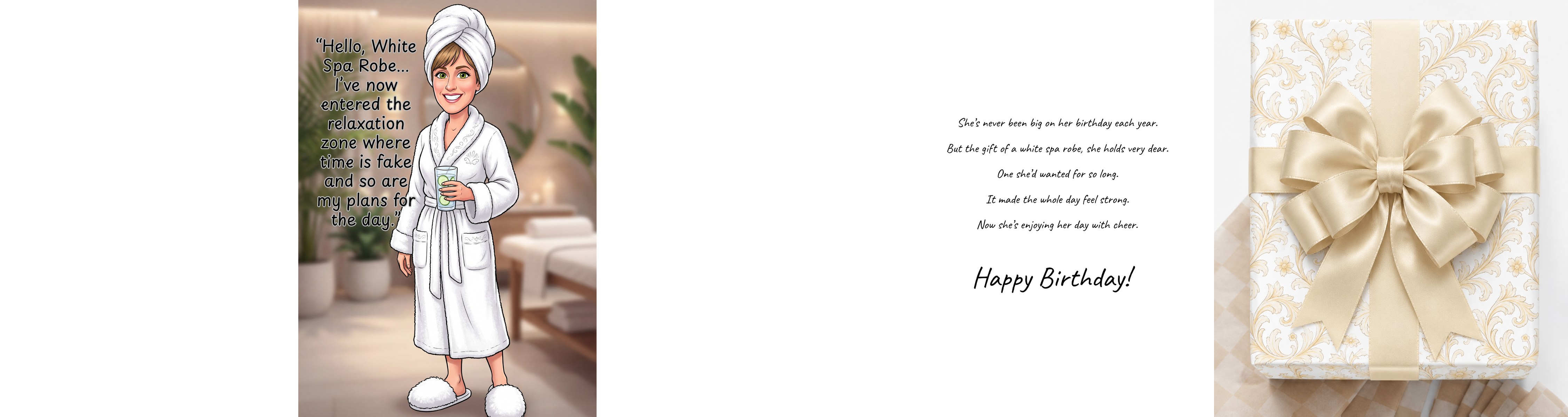 Custom spa robe birthday card front and inside alongside the elegant gift-wrapped present