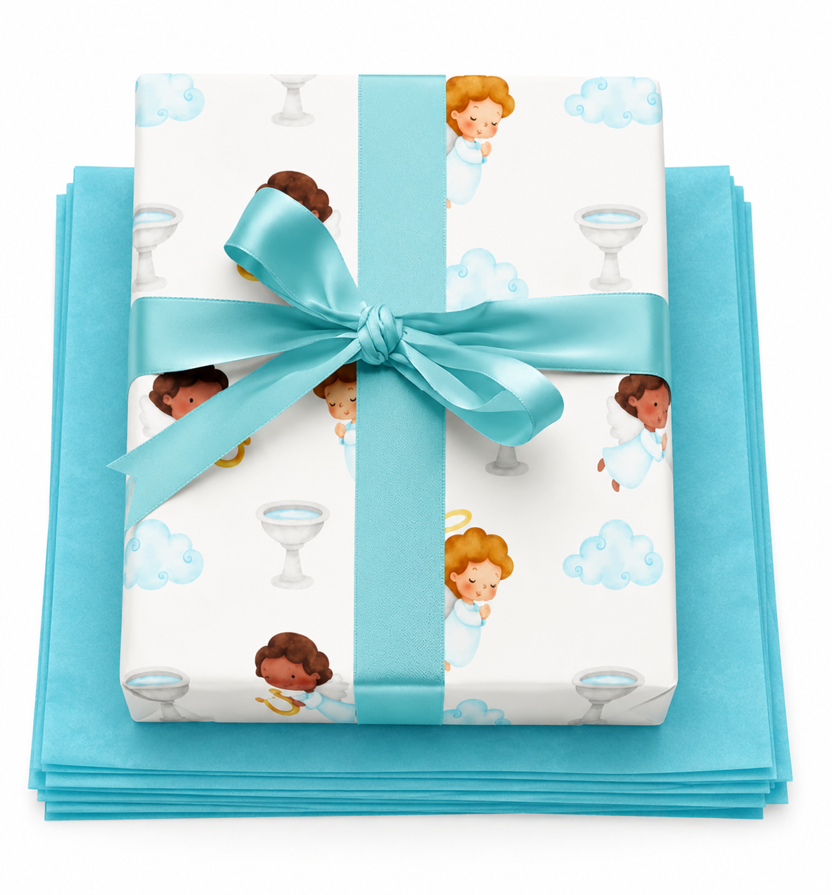 White wrapping paper with watercolor cherub angels, clouds, and baptismal fonts, finished with an aqua satin bow and aqua tissue