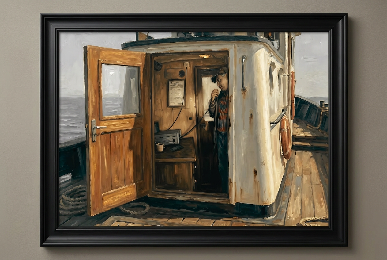 Oil painting of Captain Jack on the deck of his tugboat, framed in black