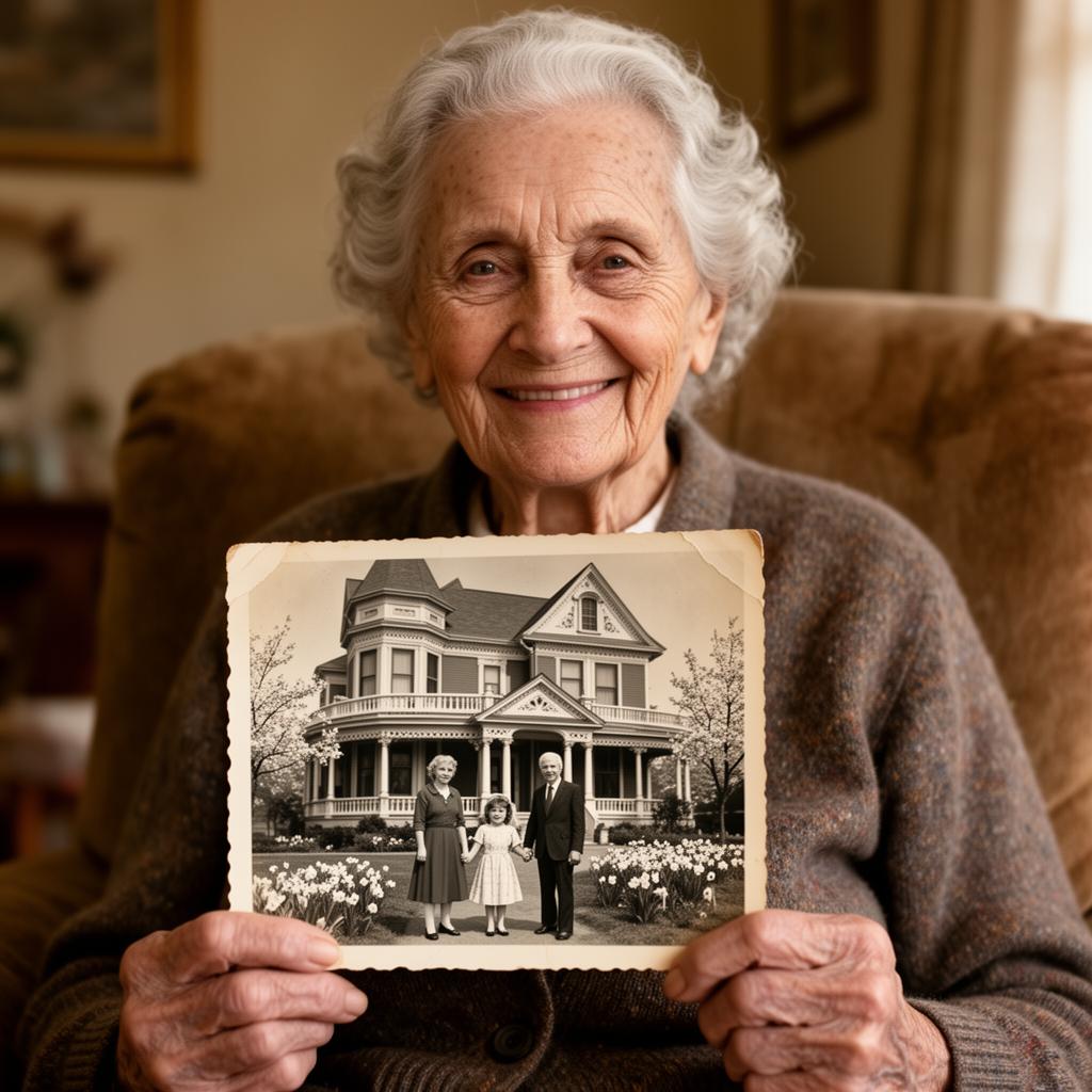 Grandmother holding a 1940s black and white family photo in front of a Victorian house