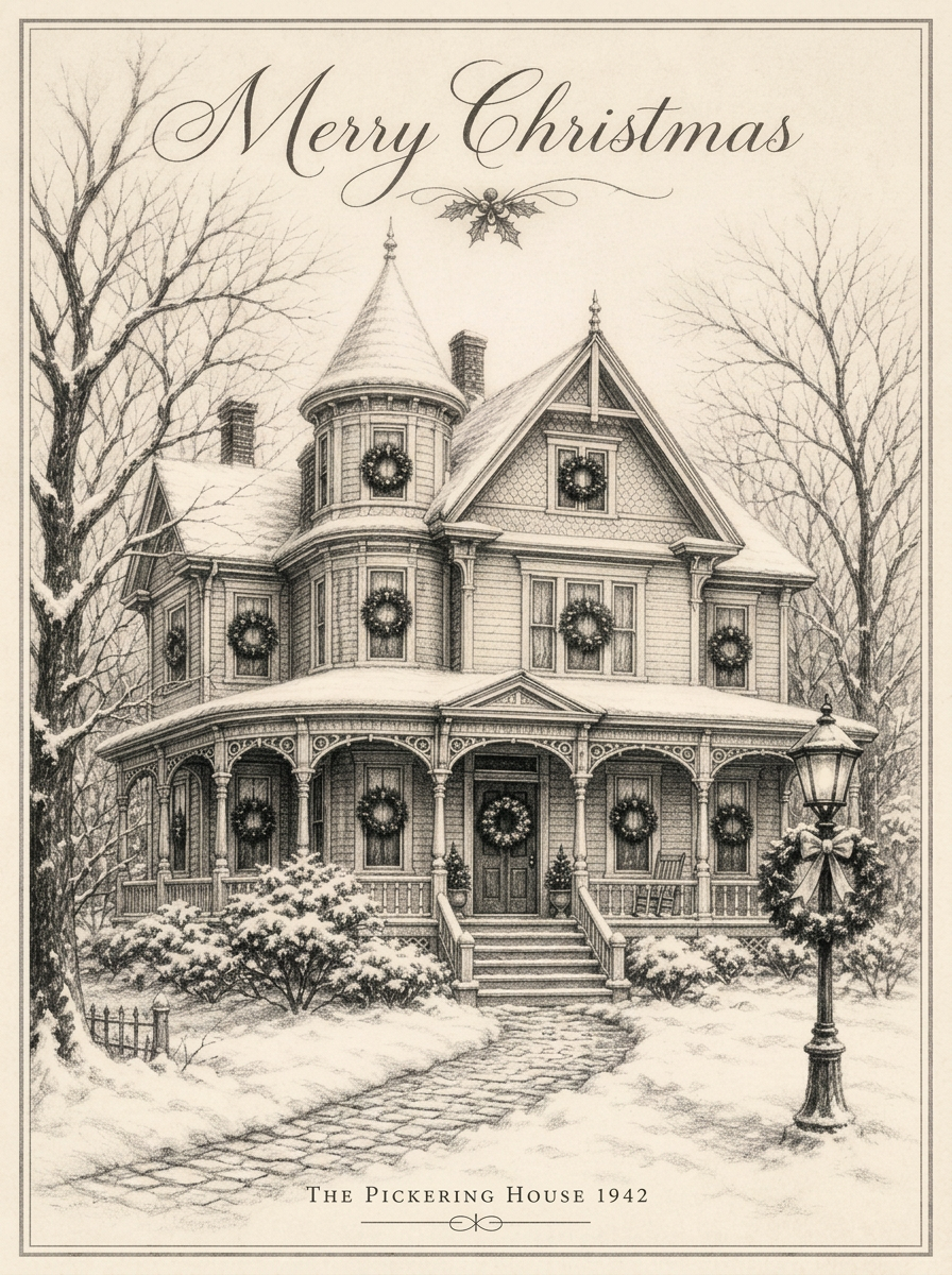 Charcoal-style Christmas card of The Pickering House 1942 in winter with wreaths