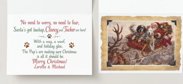Custom Christmas card sample featuring the family's English Setters Clancy and Tucker alongside Santa in his sleigh, with a heartfelt inside message