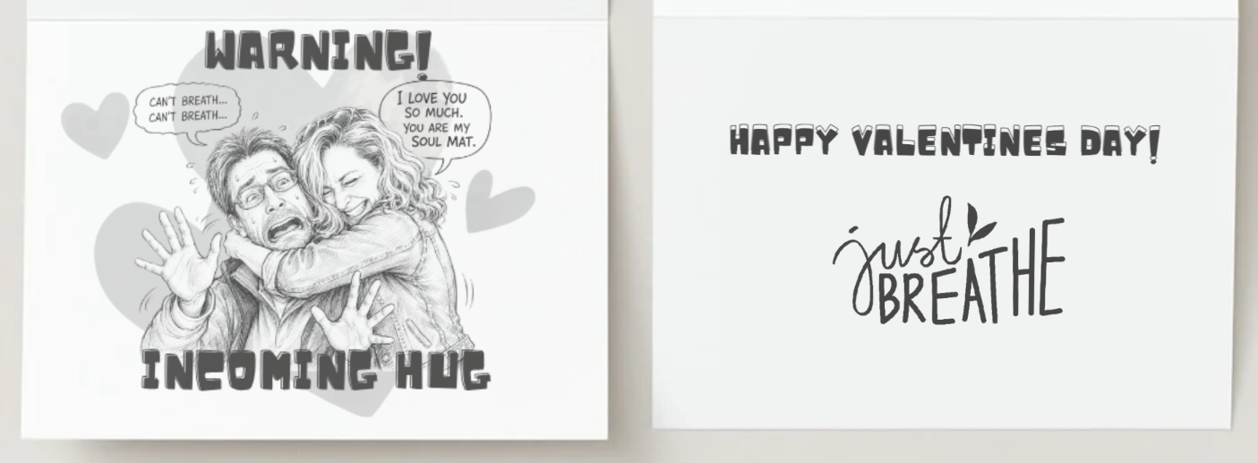Custom Valentine's Day card - Warning Incoming Hug with Just Breathe message
