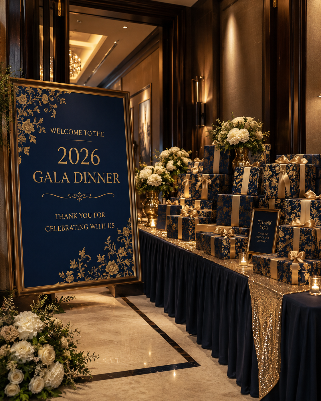Elegant 2026 Gala Dinner welcome display with navy and gold floral wrapped corporate gifts stacked on a sequined table