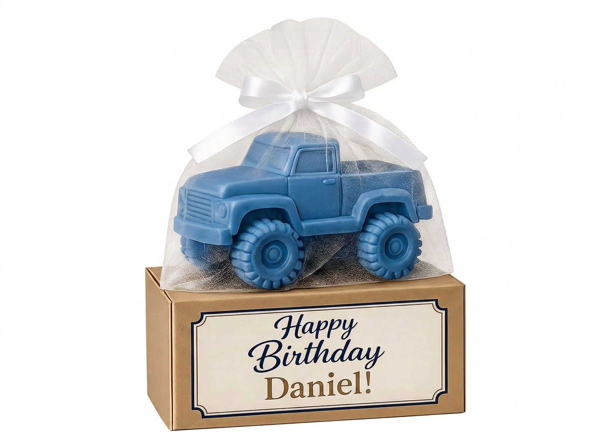 Blue monster truck-shaped goat milk soap in an organza bag with white satin bow atop a kraft gift box with a Happy Birthday Daniel personalized label