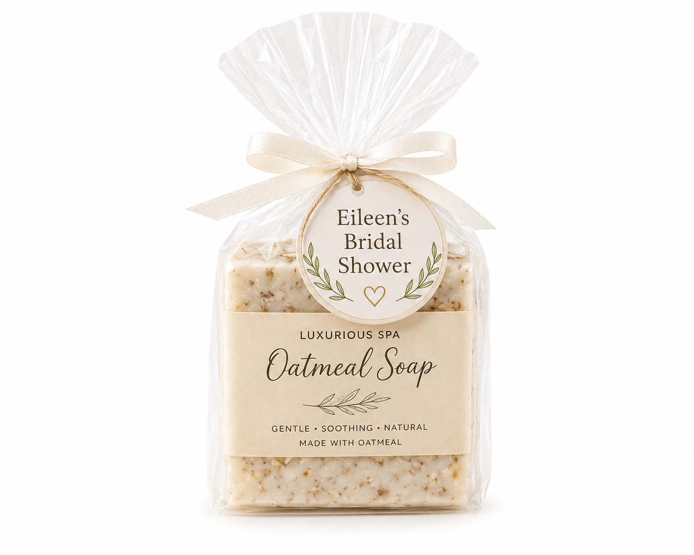 Oatmeal goat milk soap in a clear bag with ivory ribbon