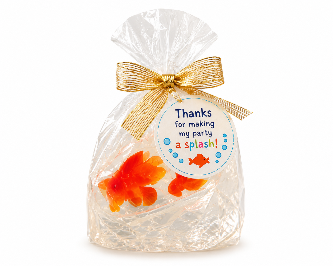 Clear glycerin goat milk soaps with goldfish inside, gold bow, and Thanks for making my party a splash tag