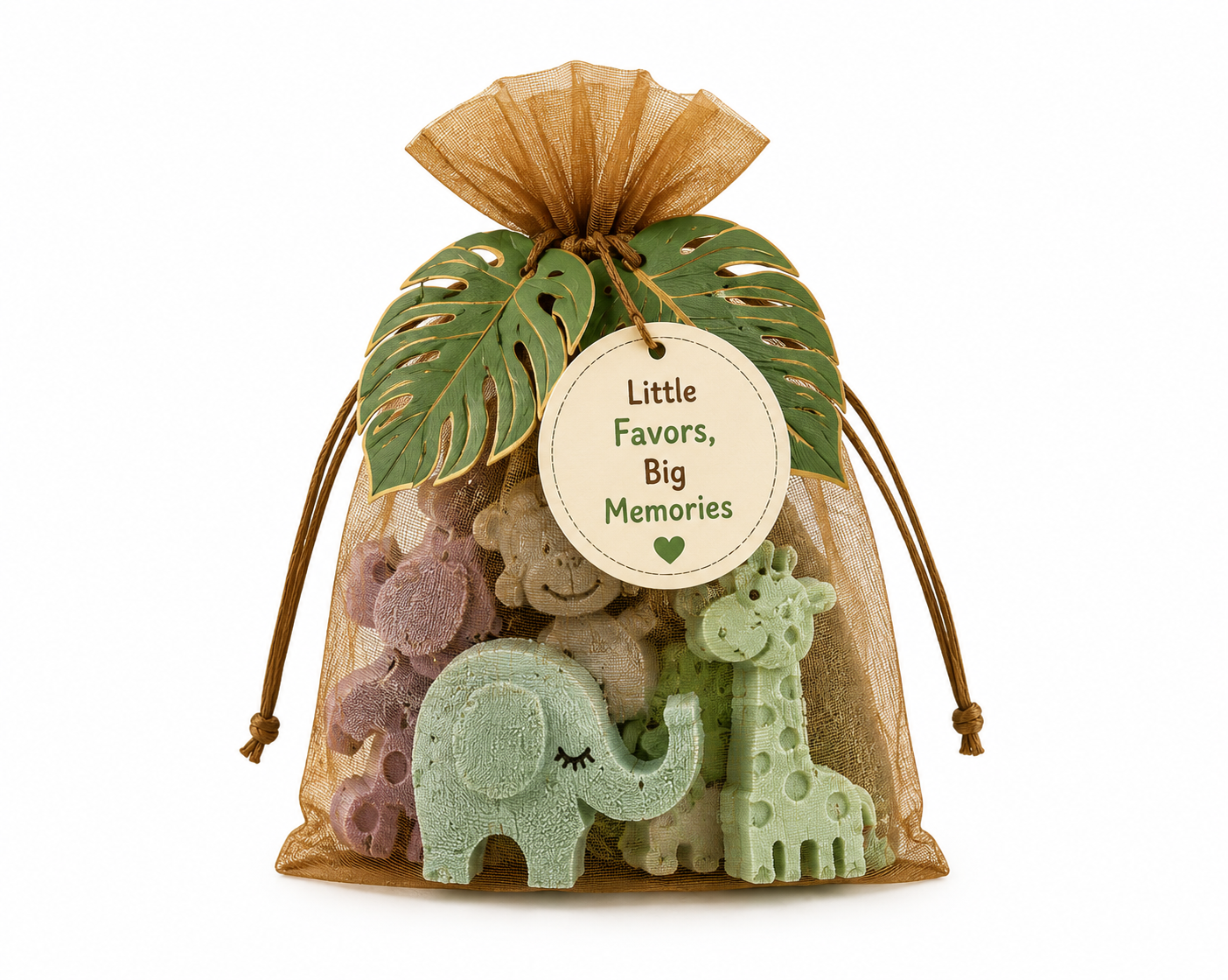 Safari animal goat milk soaps in an organza bag with monstera leaf accents and Little Favors, Big Memories tag
