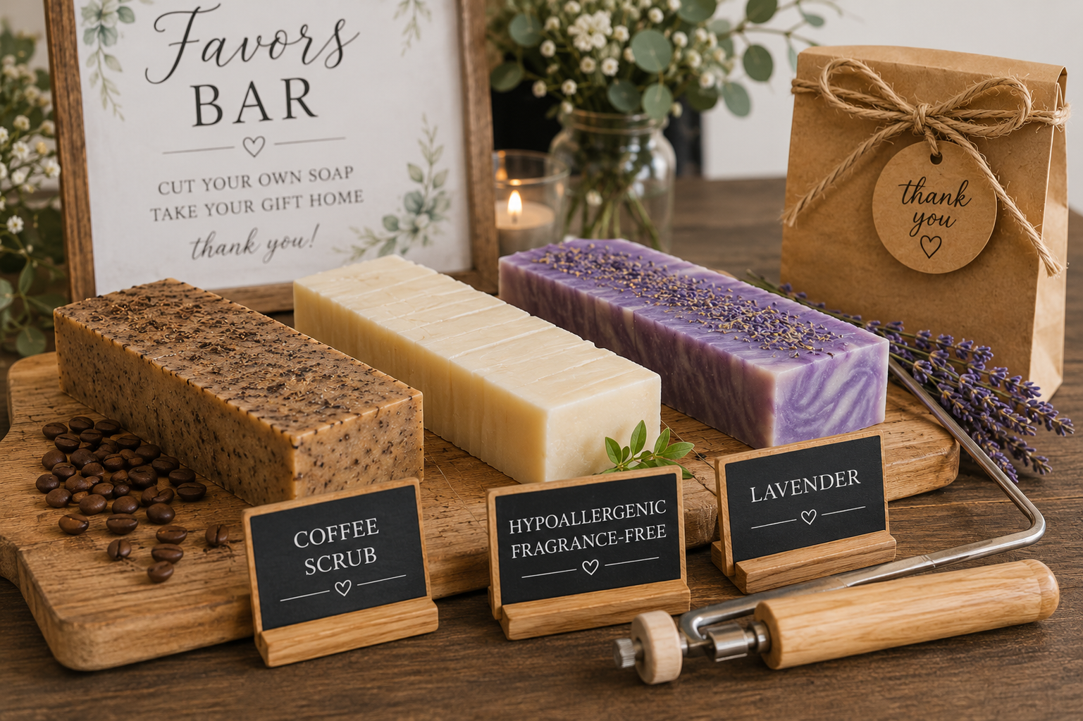 Favors Bar setup with coffee scrub, hypoallergenic fragrance-free, and lavender goat milk soap loaves, signage, and kraft favor bag with thank you tag