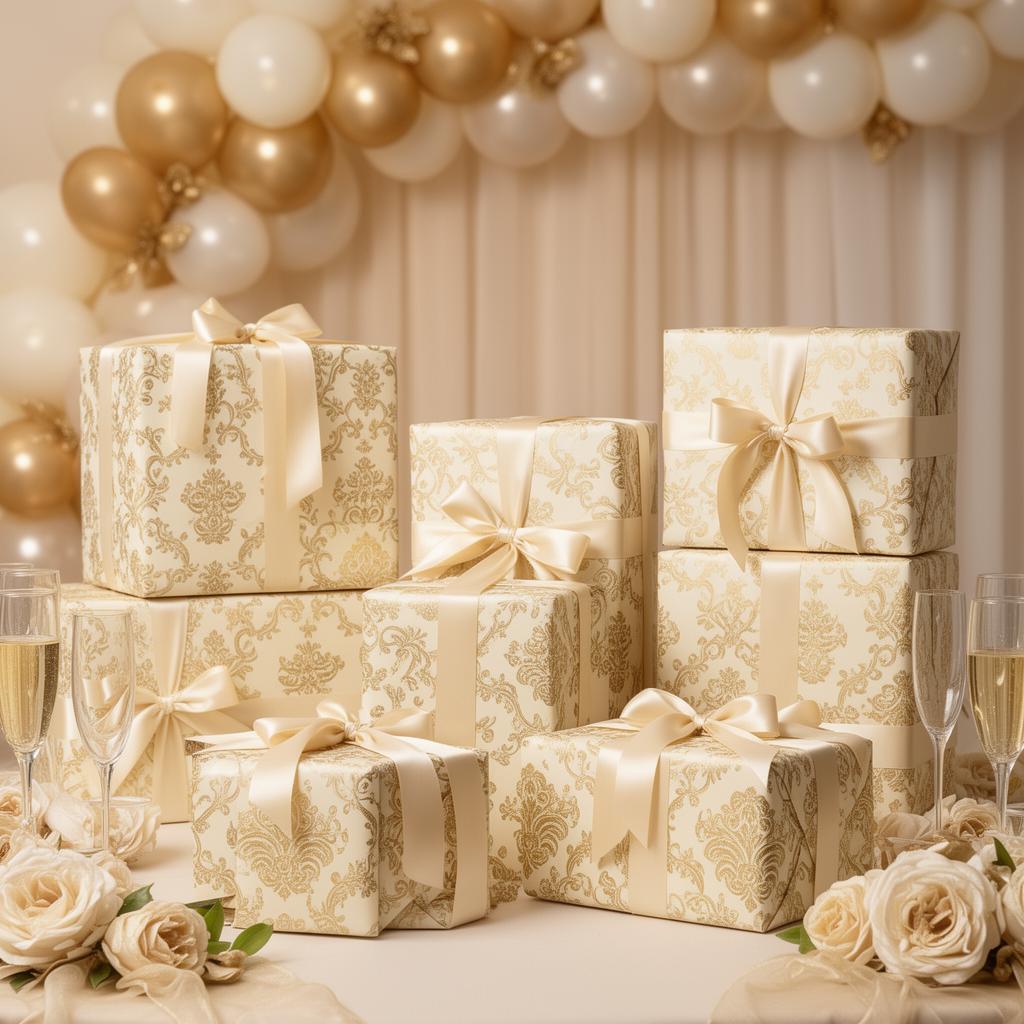 Cream and gold bridal shower display with coordinated baroque-wrapped registry gifts, floral balloon arch, and champagne service