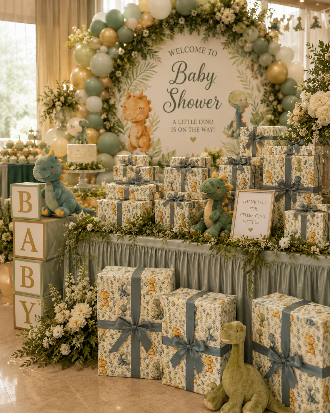 Sage green and gold dinosaur-themed baby shower display with coordinated wrapped registry gifts, balloon arch, and BABY blocks