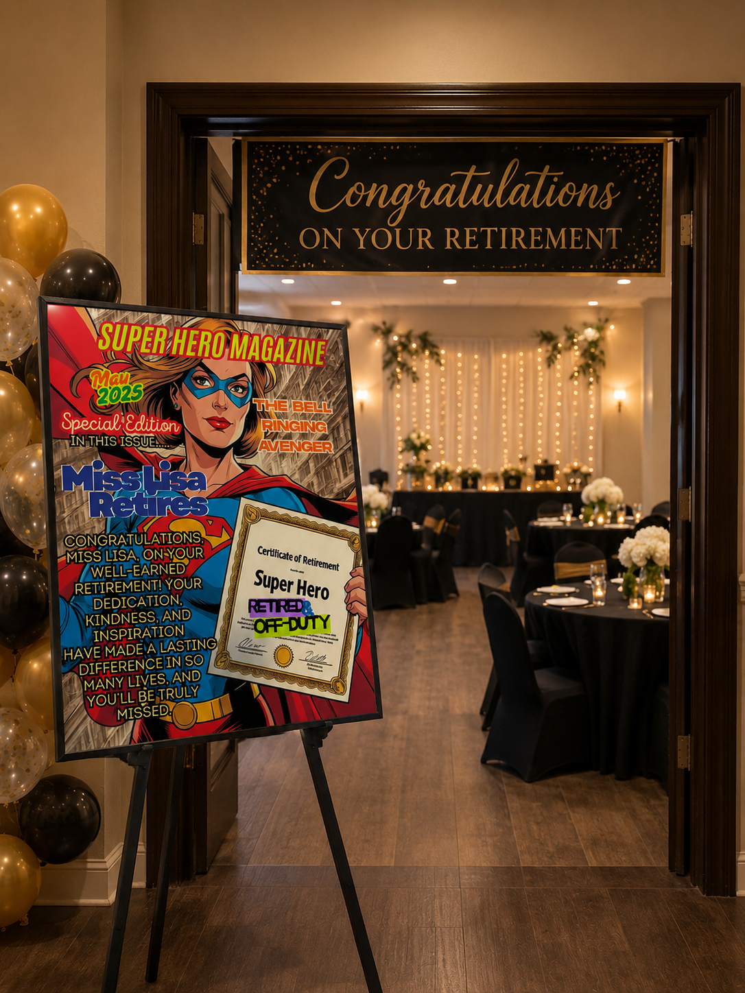 Retirement superhero poster displayed at a celebration
