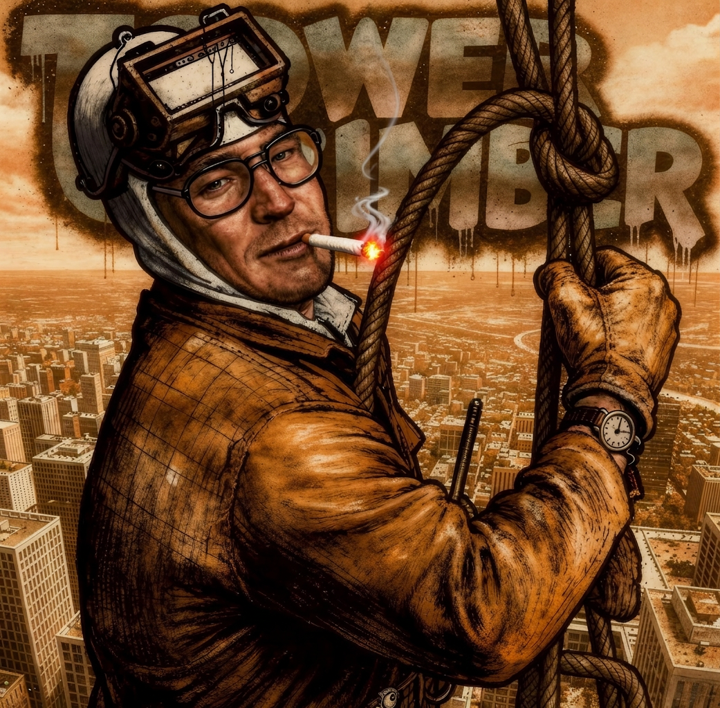 Gritty illustrated tribute artwork of the tower climber with a city skyline backdrop