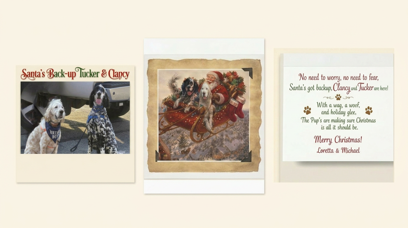 Real photo of Clancy and Tucker the English Setters alongside their custom Christmas card with Santa in his sleigh and the inside message from Loretta and Michael