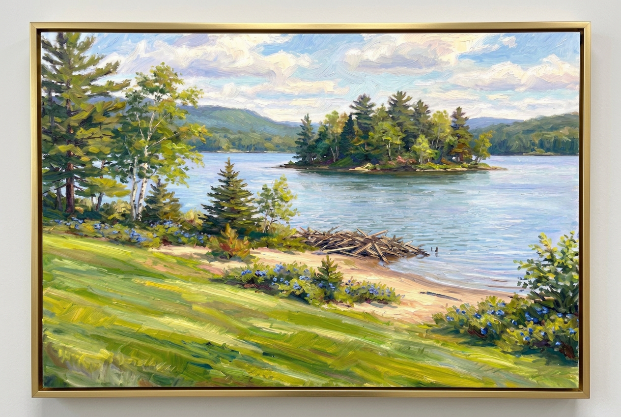 Oil painting of a Maine lake with island, recreated from a client's childhood memory