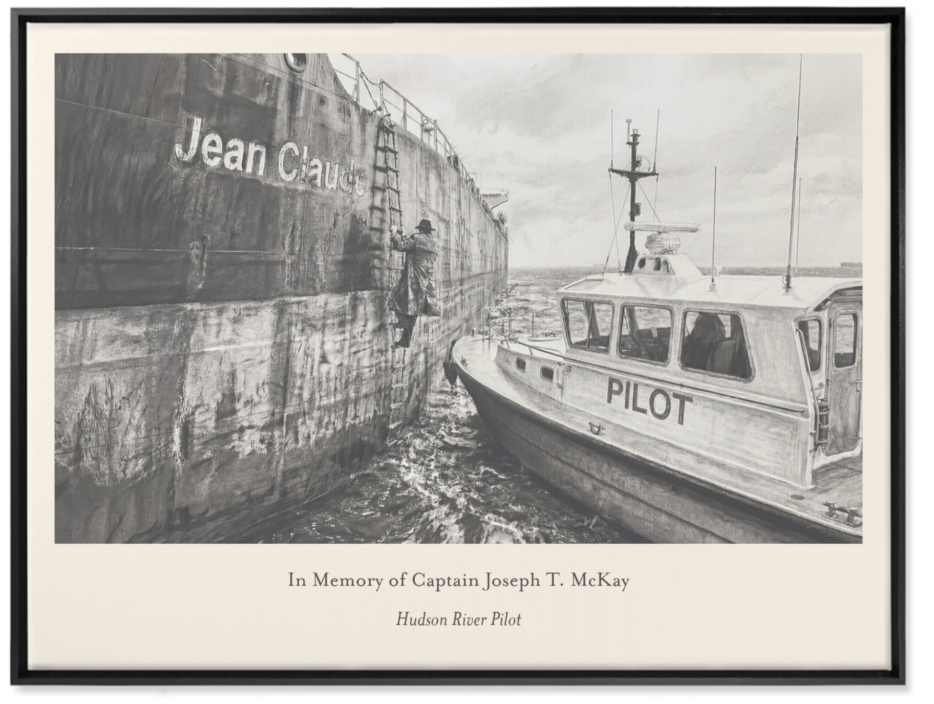 Pencil-style tribute portrait of Captain Joseph T. McKay, a Hudson River pilot