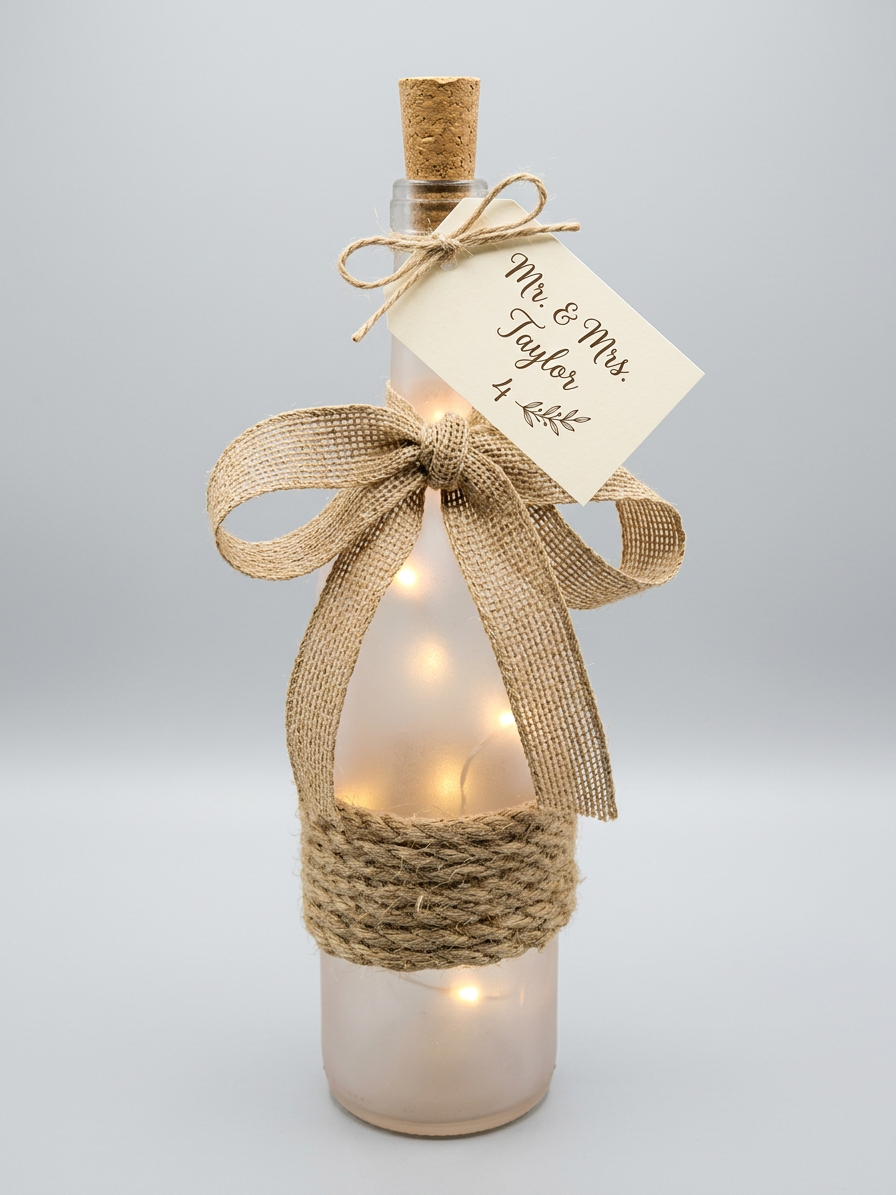 Close-up of a single seaglass-white twinkle light bottle favor with burlap bow, twine wrap, cork stopper, and a calligraphy tag reading Mr. & Mrs. Taylor, table 4