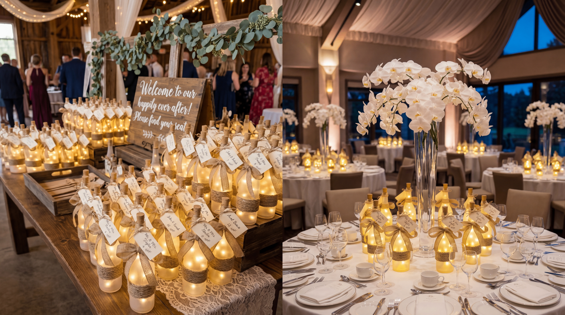 Welcome table and reception tables filled with glowing seaglass-white twinkle light bottle favors, each tagged with a guest's name and table number — some already taken by guests who have found their seats