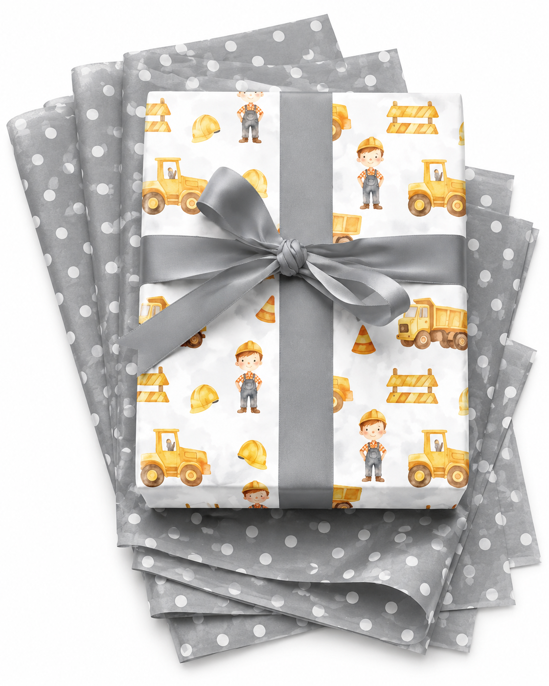 Construction-themed baby wrapping paper with trucks and little builders, gray satin bow and gray polka dot tissue