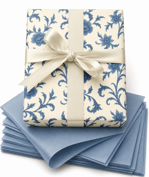 Blue botanical floral wrapping paper with cream satin ribbon and matching blue tissue
