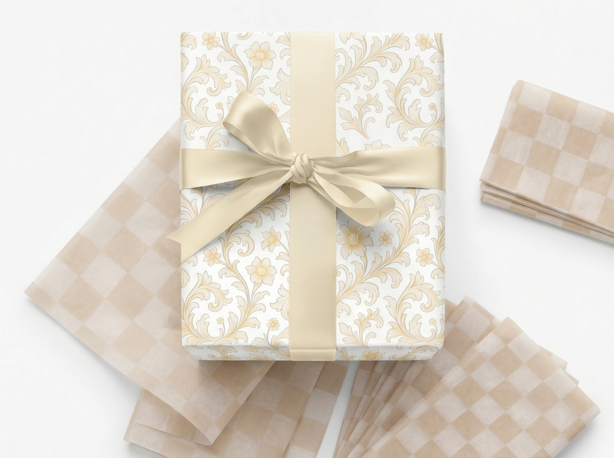 Champagne baroque wrapping paper with cream satin ribbon and tan checkered tissue