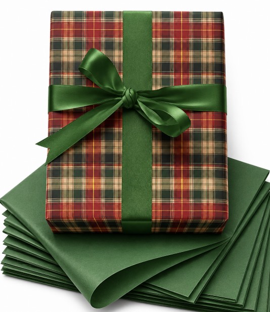 Classic red and green tartan plaid Christmas wrapping paper with emerald satin bow and green tissue