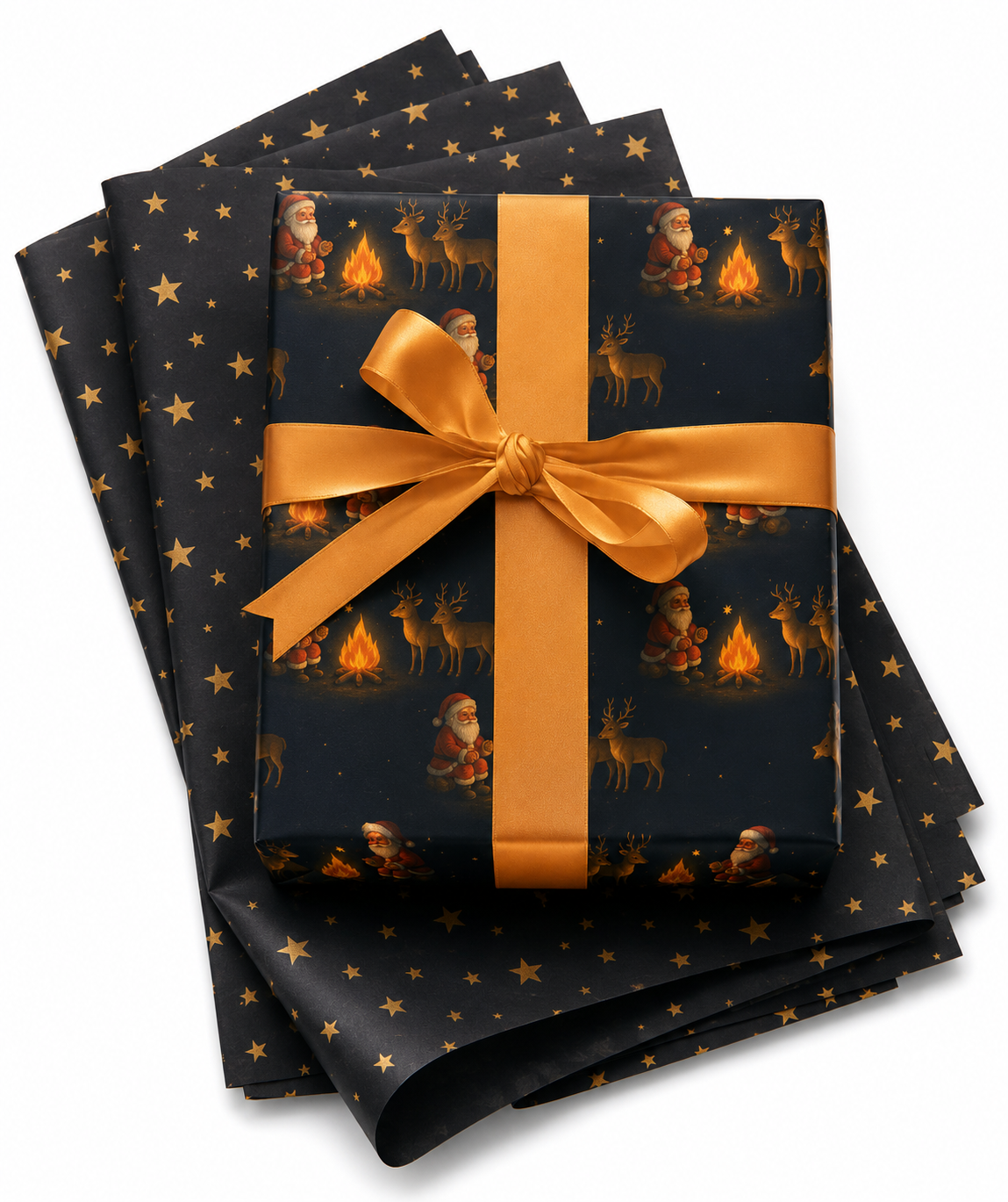 Midnight blue Santa and reindeer wrapping paper with gold satin bow and gold star tissue