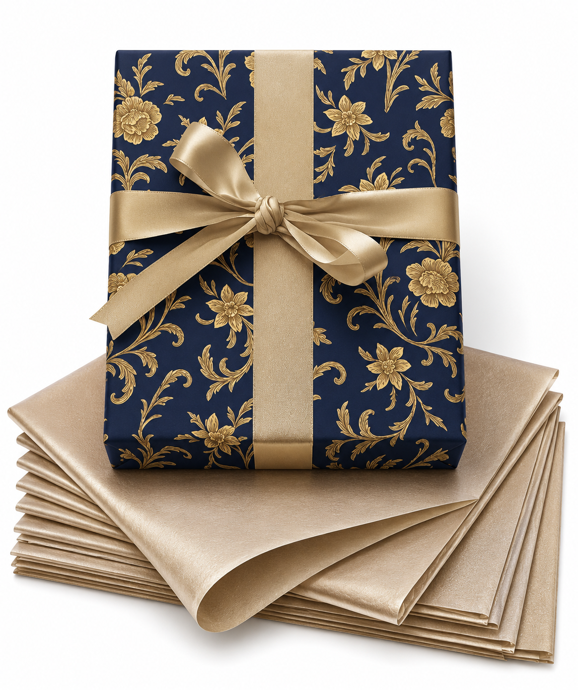 Navy and gold baroque floral wrapping paper with champagne satin bow and gold tissue