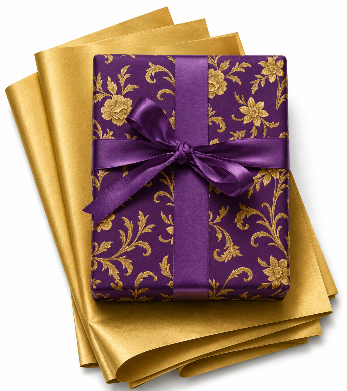 Regal purple and gold baroque floral wrapping paper with purple satin bow and gold tissue