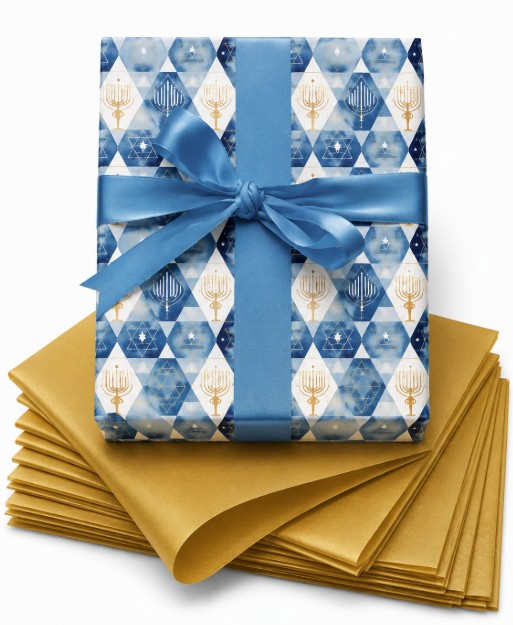 Watercolor menorah and Star of David Hanukkah wrapping paper in blue and gold with blue ribbon and gold tissue