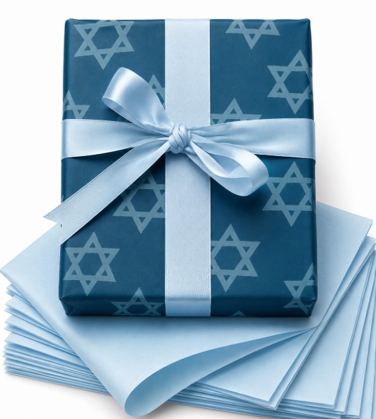 Deep blue Star of David Hanukkah wrapping paper with light blue satin bow and matching tissue