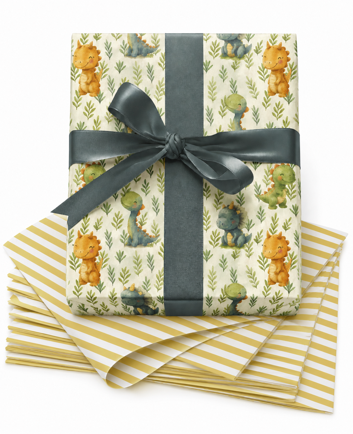 Cute watercolor baby dinosaur wrapping paper with deep teal ribbon and gold striped tissue