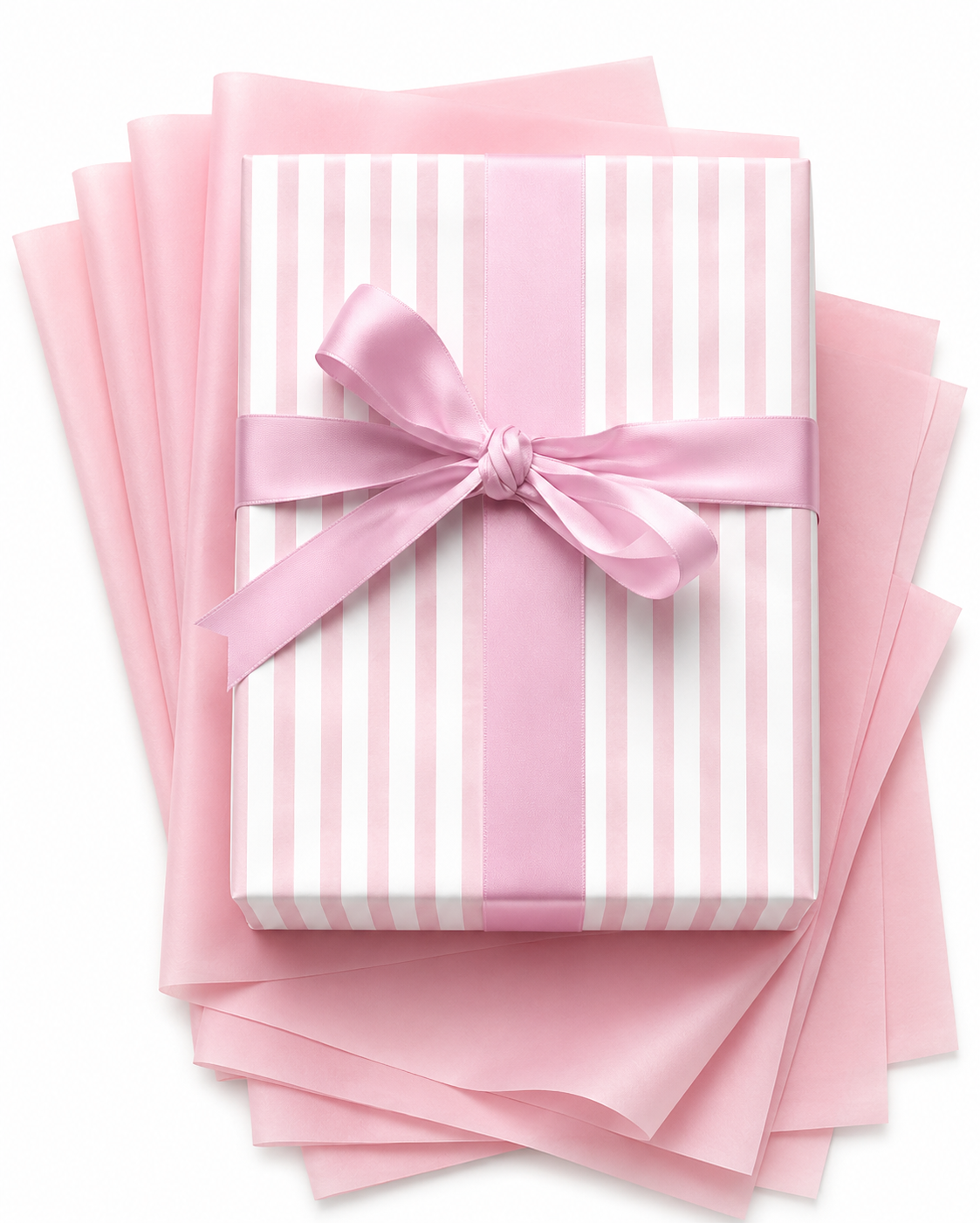Soft pink and white stripe wrapping paper with pink satin bow and matching pink tissue