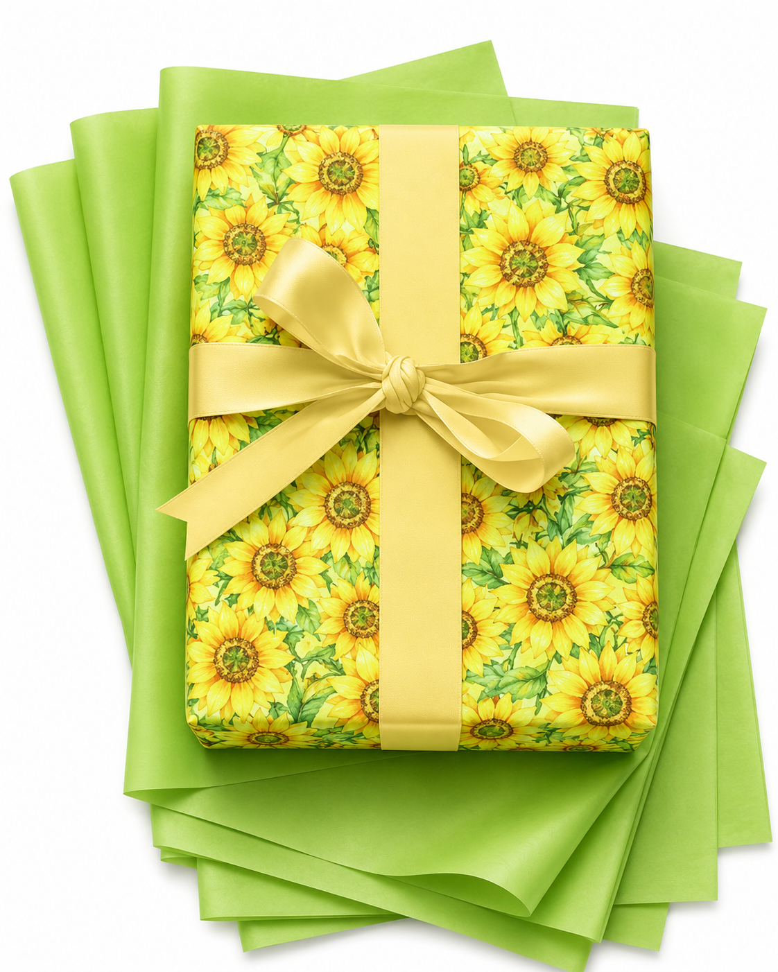 Watercolor sunflower wrapping paper with golden yellow satin bow and bright green tissue