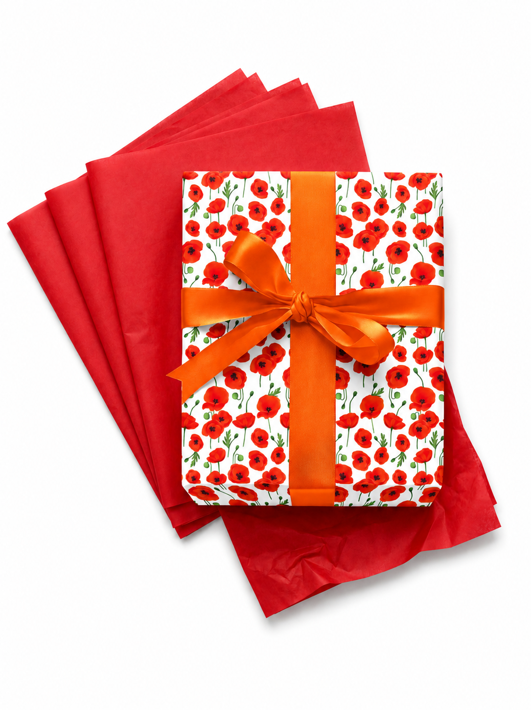 Red poppy floral wrapping paper with orange satin ribbon and red tissue