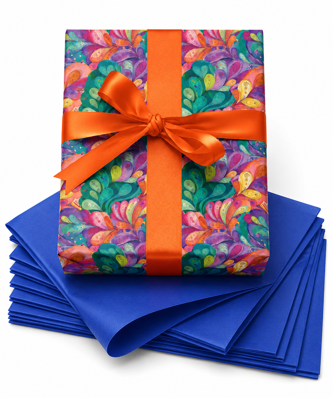 Vibrant watercolor paisley wrapping paper with orange satin bow and royal blue tissue