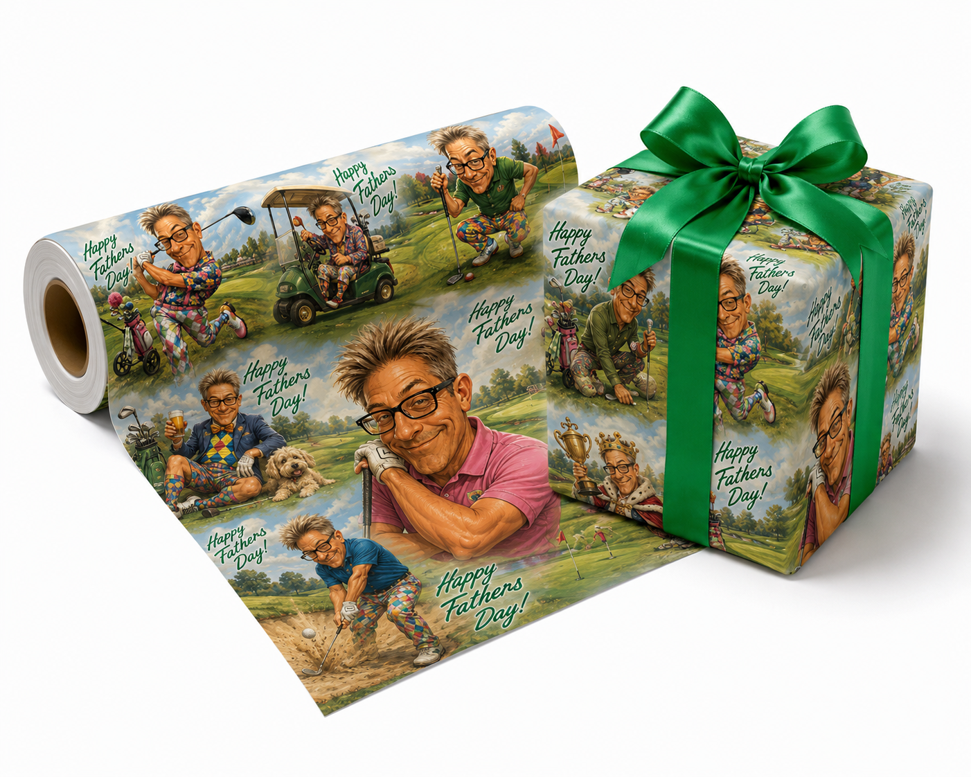 Custom Happy Father's Day wrapping paper featuring caricatures of Dad on the golf course