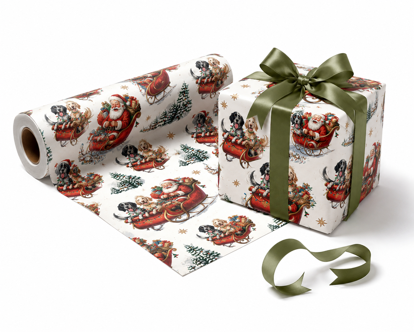 Holiday wrapping paper featuring the dogs riding in Santa's sleigh