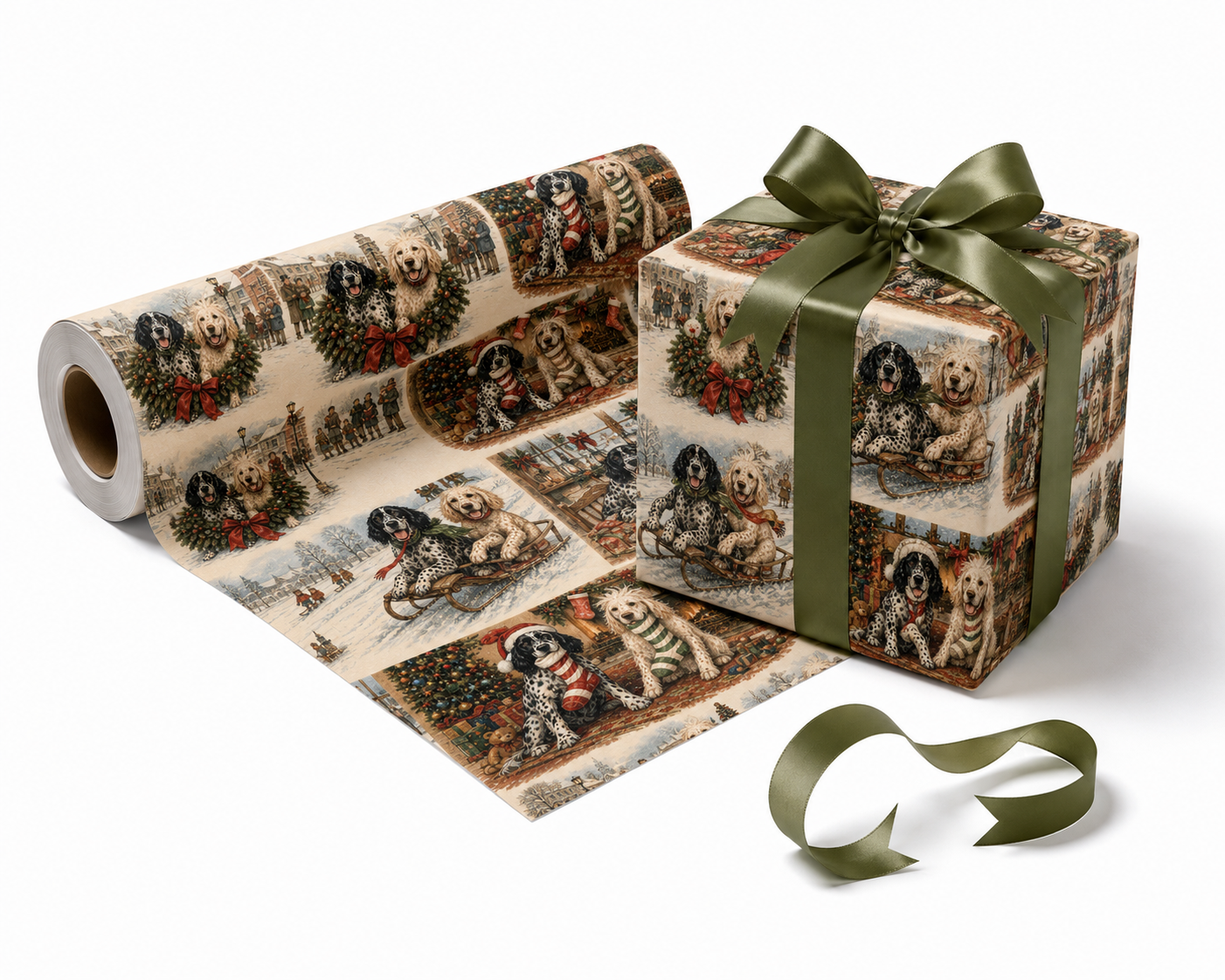 Vintage storybook holiday wrapping paper featuring the dogs in a Victorian Christmas scene