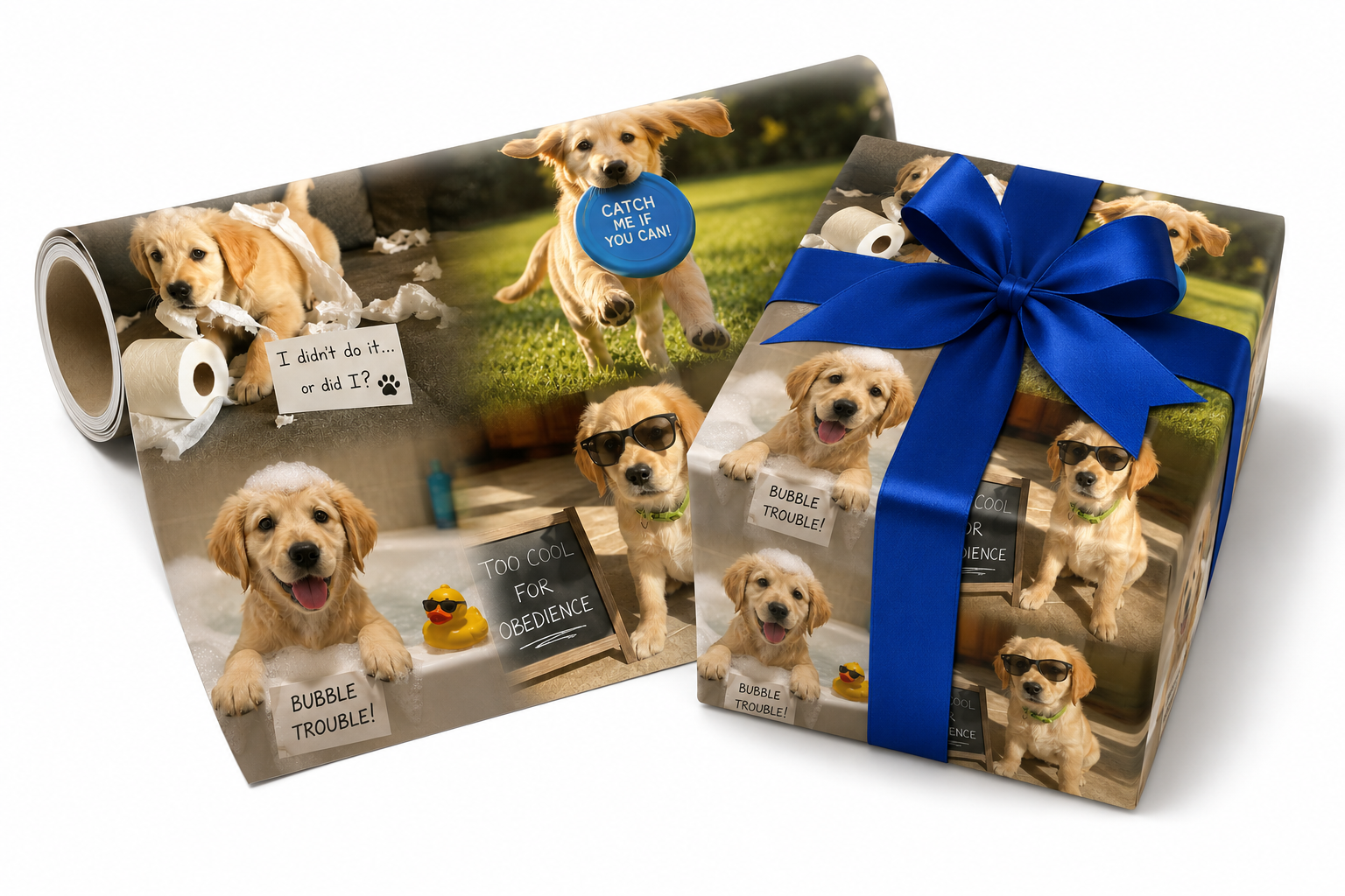 Custom wrapping paper featuring playful golden retriever puppy scenes